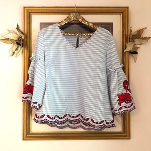 Gingham embroidered bell sleeve top XL